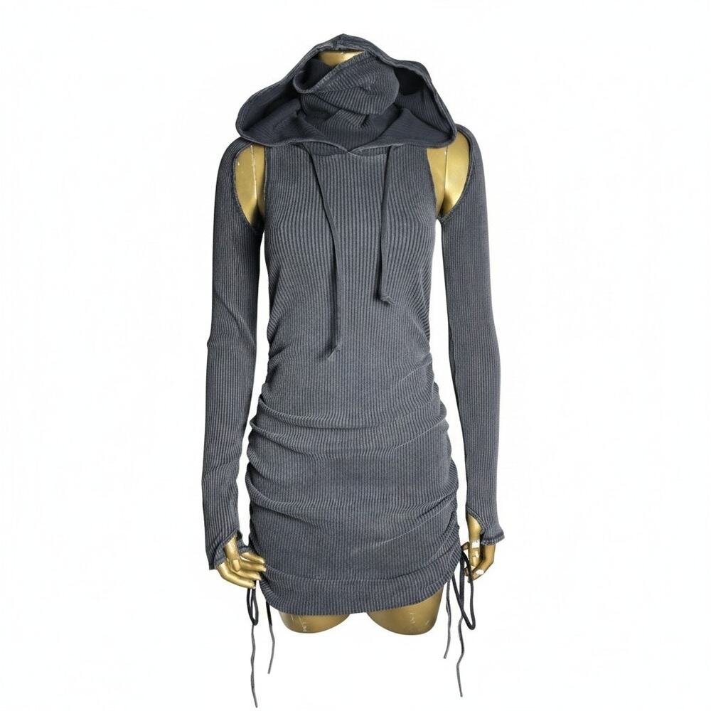 Darker Wavs Charcoal Hooded Cut Out Mini Dress M Open Back NWOT